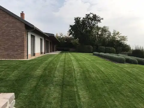 Nagy, gondozott gyepfelület egy modern kertben